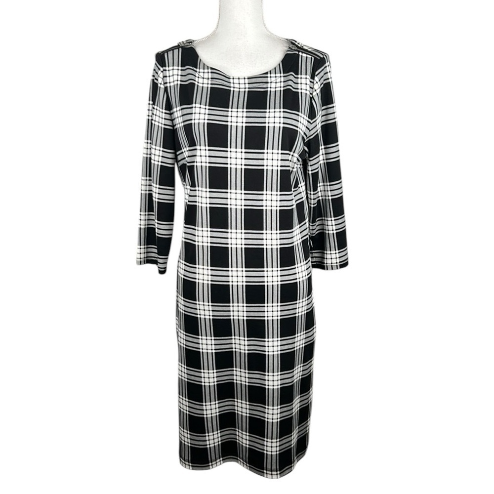 Talbots Black & White Plaid Classic Preppy 3/4 Sleeve Midi Dress Size Medium